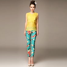 揭秘外貿原單 高端藍色塔夫綢羽毛印染九分褲的批發魅力